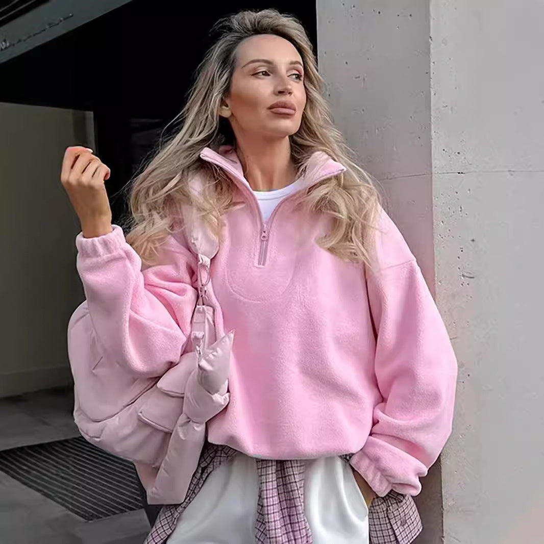 Damen Fleece Pullover Weich Kurz Reißverschluss - IdealeKleiden