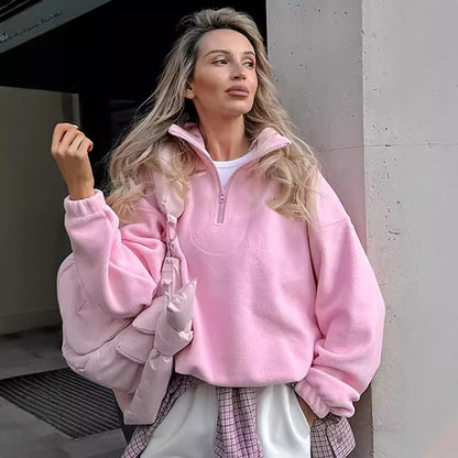 Damen Fleece Pullover Weich Kurz Reißverschluss - IdealeKleiden