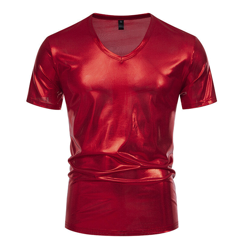 Men's T-Shirt V-Neck Shiny Fabric Modern Style
