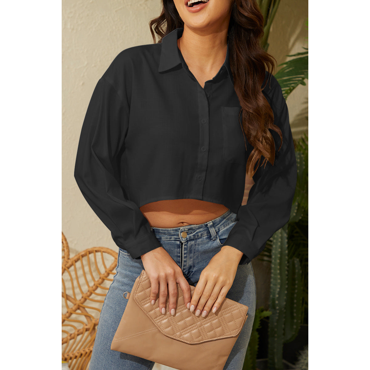 Damen Bluse Elegant Kurz Geschnitten