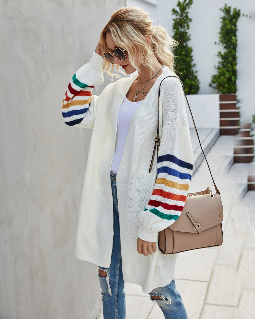 Cardigan Open Front Long Loose Fit Multicolor Striped