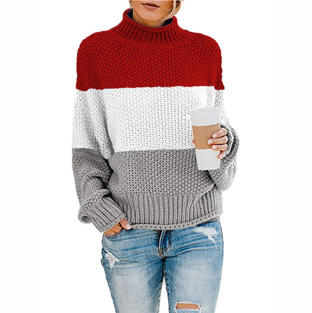 Women's Sweater Chunky Knit High Collar Modern Color Block
