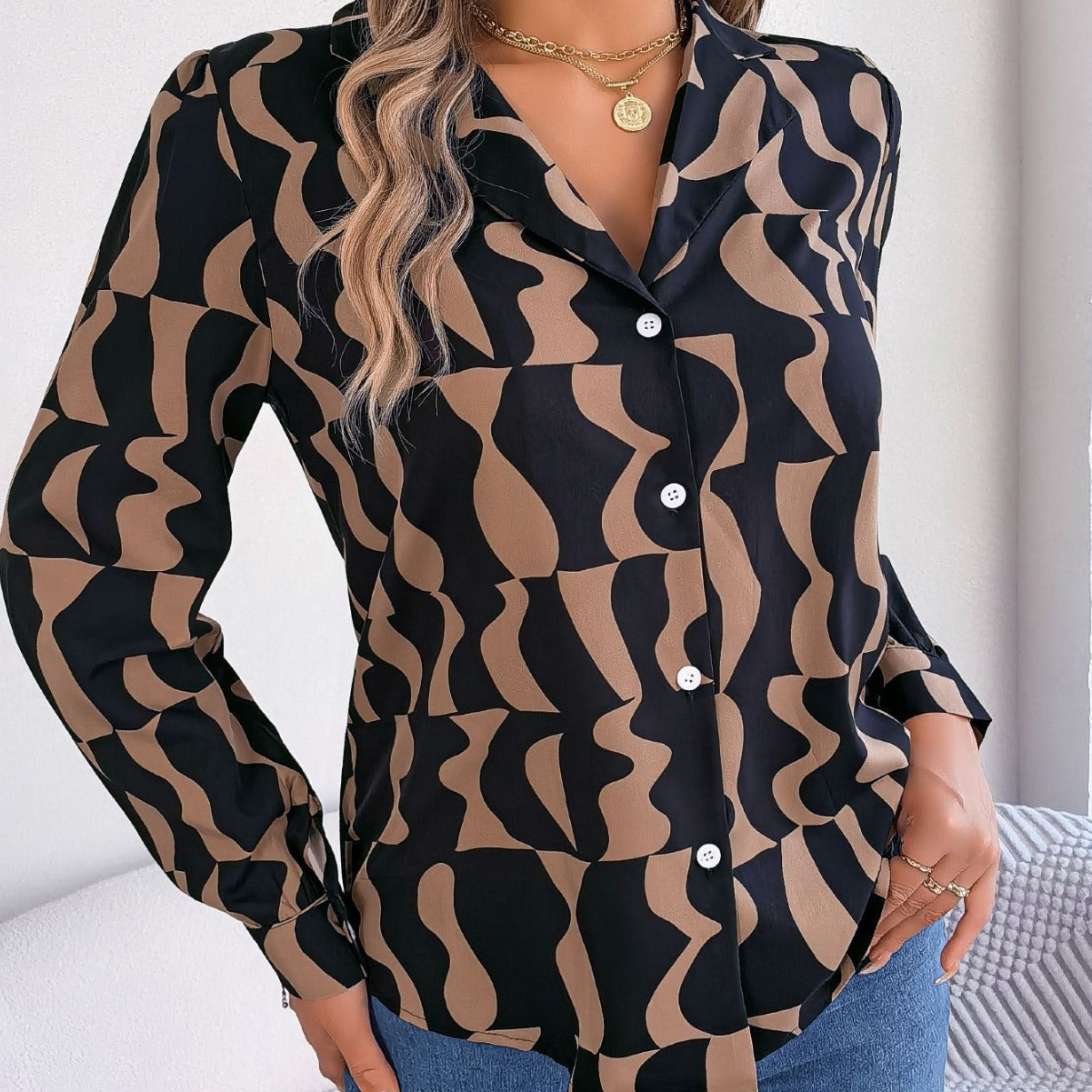 Damen Bluse Modern Grafik Muster Elegantes Design - IdealeKleiden