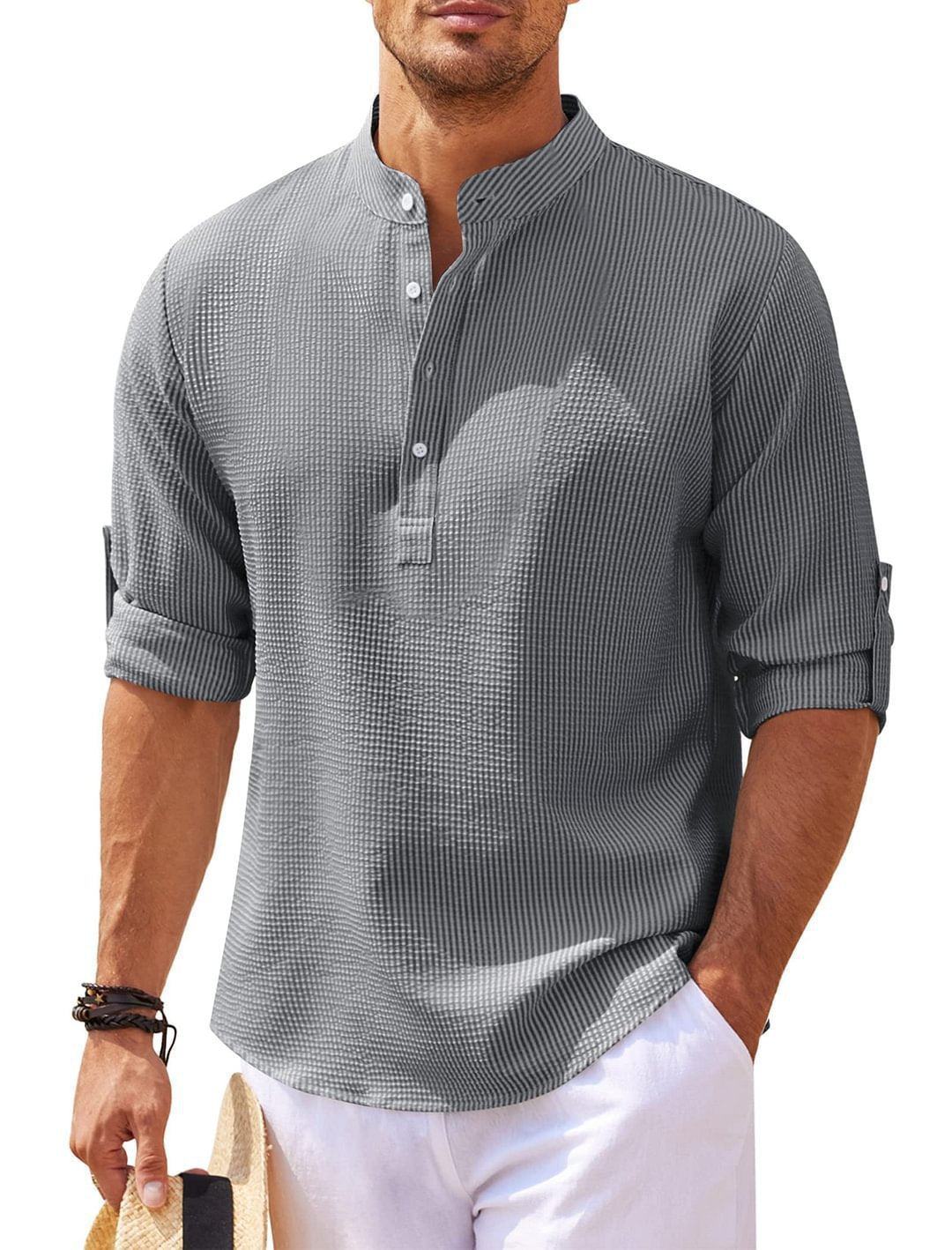 Herren Hemd Relaxed Fit Stehkragen Rippoptik