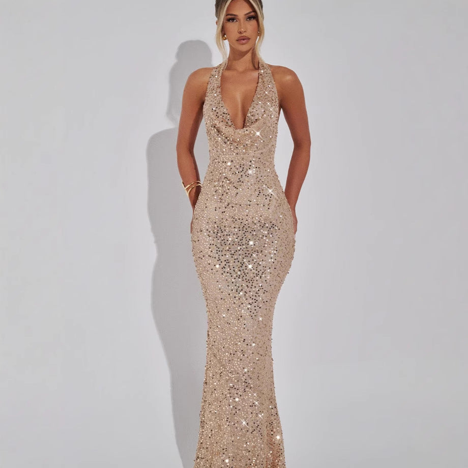 Glamorous Sequin & V-Neck Evening Gown