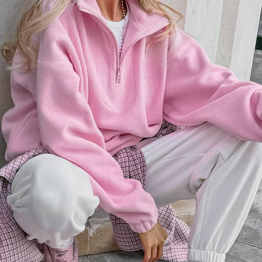 Women's Fleece Pullover Short Zipper Modern Style