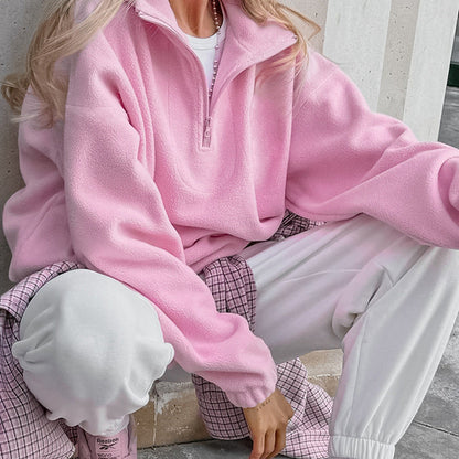 Women's Fleece Pullover Short Zipper Modern Style