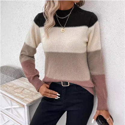 Damen Strickpullover Trendig Blockstreifen Hoher Kragen - IdealeKleiden