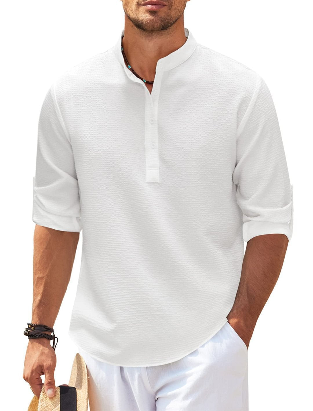 Herren Hemd Relaxed Fit Stehkragen Rippoptik