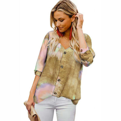 Women's Blouse Colorful Rolled-Up Sleeves