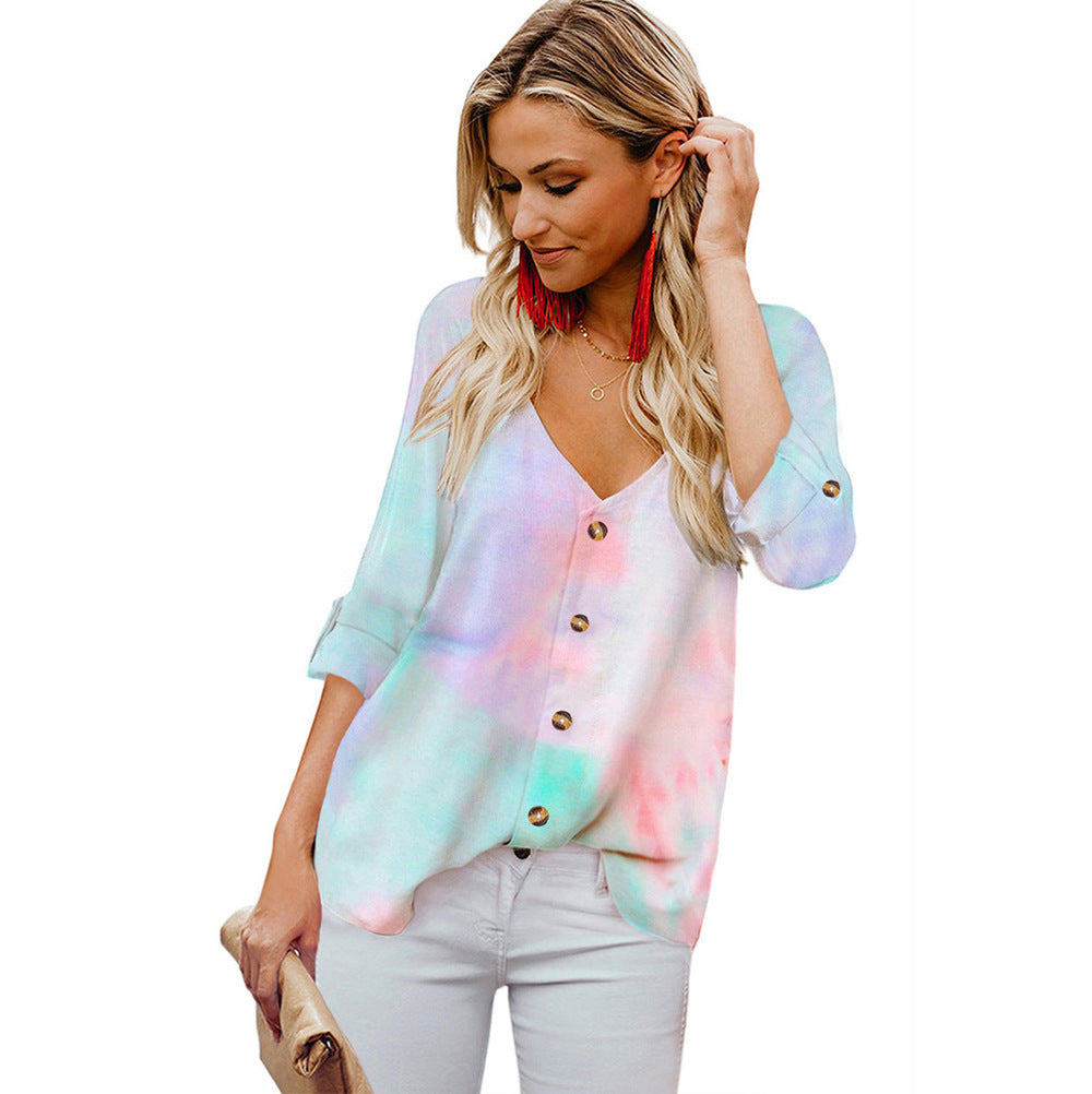 Women's Blouse Colorful Rolled-Up Sleeves