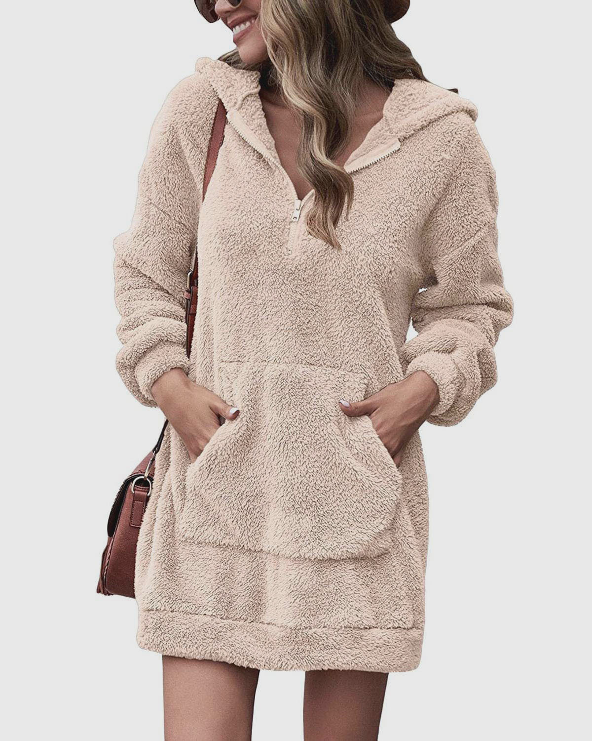 Women's Fleece Dress Hood Pockets Soft Winter Dress