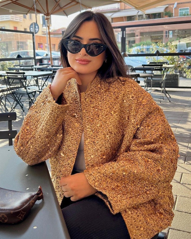 Gold Sequin Stand-Up Collar Jacket Elegant
