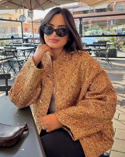 Gold Sequin Stand-Up Collar Jacket Elegant
