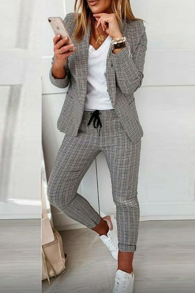 Checked Blazer Coat & Drawstring Trousers Set
