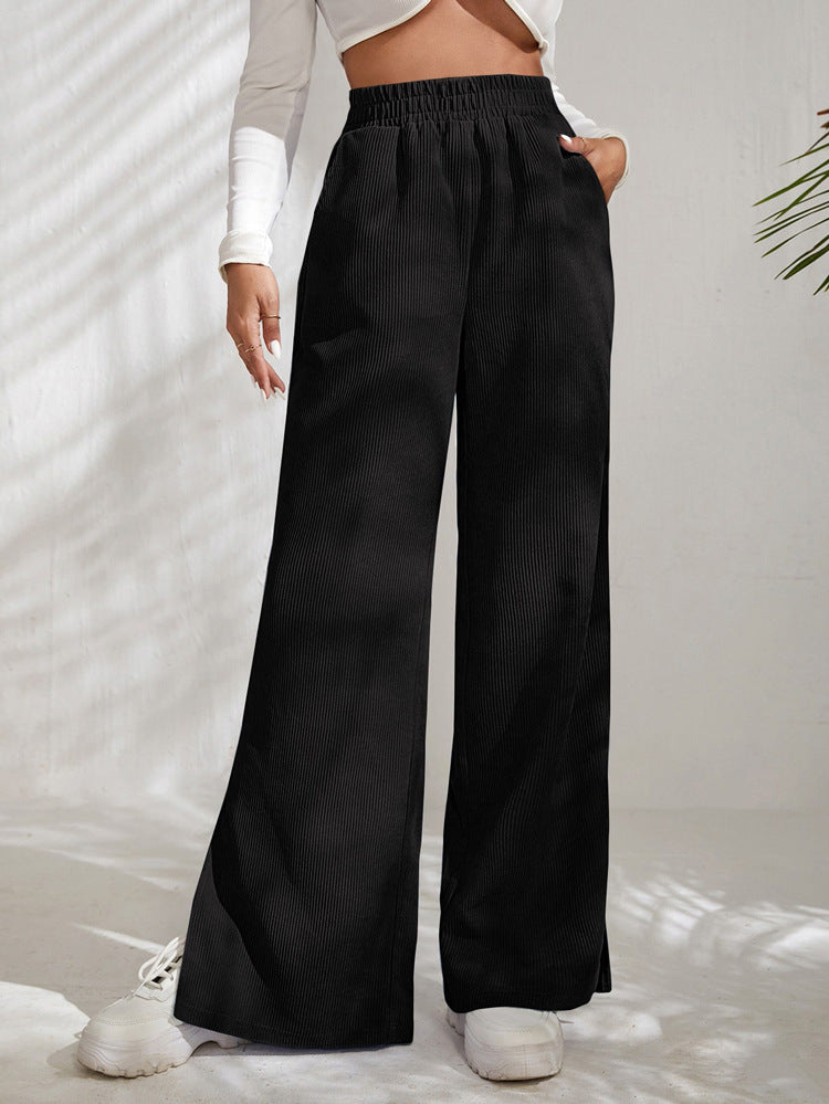 Women's Corduroy Wide Leg Trousers with Slits Elastic