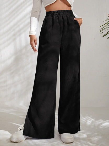 Women's Corduroy Wide Leg Trousers with Slits Elastic