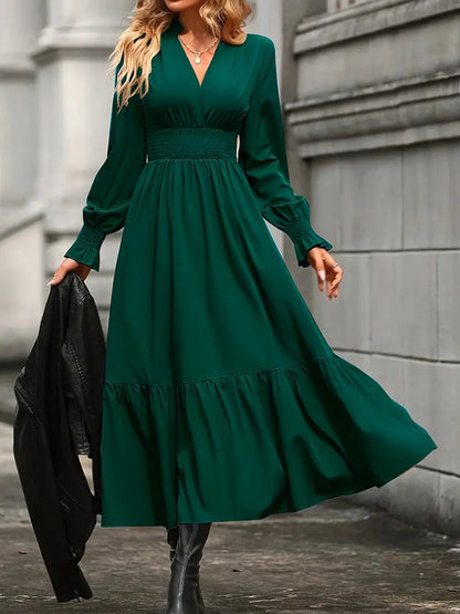 Women's Maxi Dress Elegant V-Neck Loose Sleeves