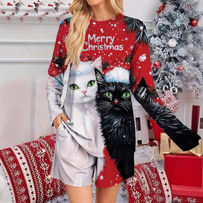 Women's Christmas Cat Motif Cozy Pajama Set
