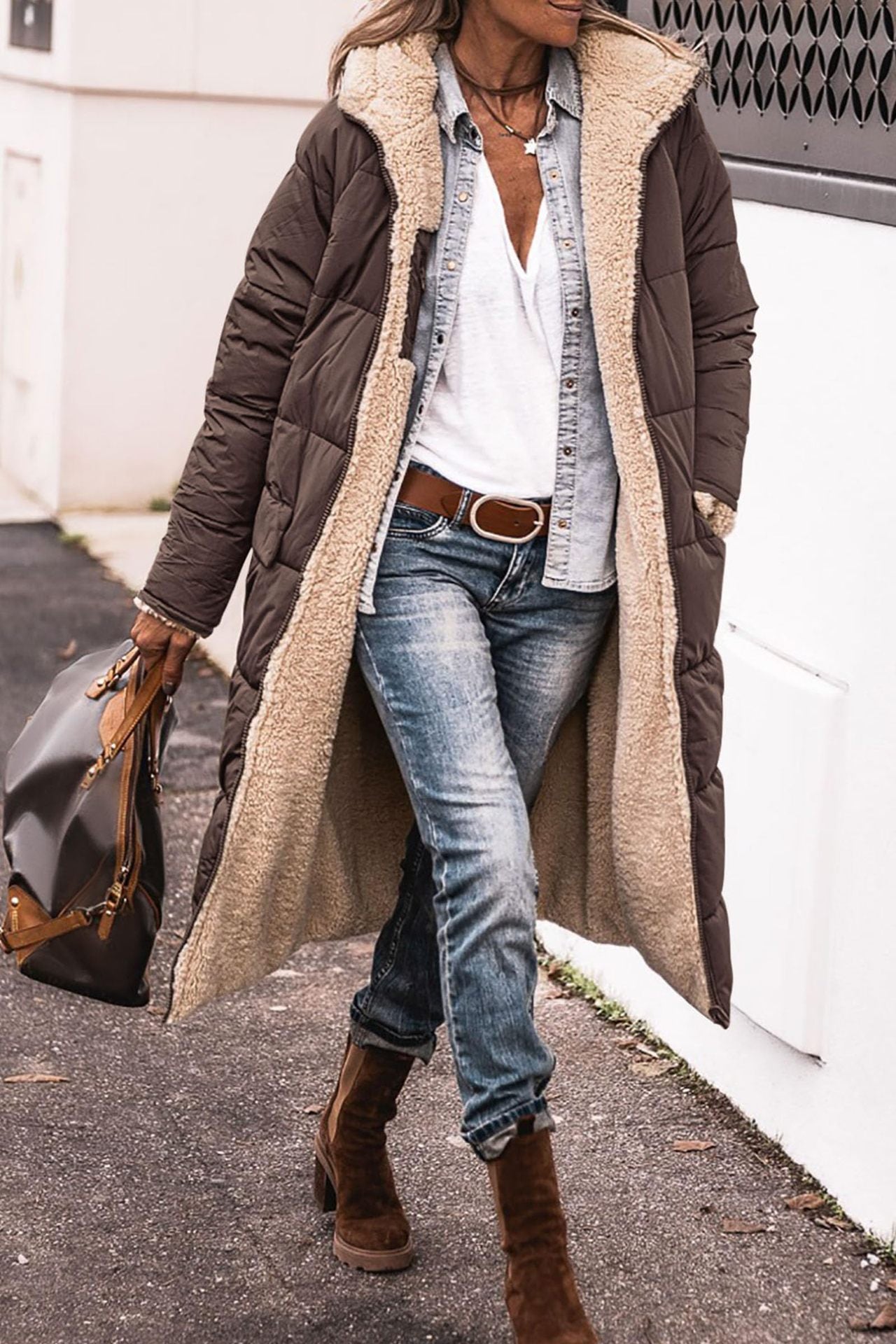 Women's Quilted Long Fleece Winter Jacket