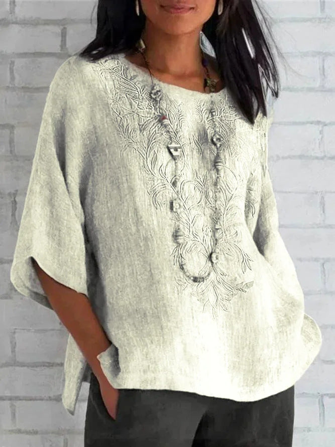 Women's Linen Blouse Embroidered Elegant Summer