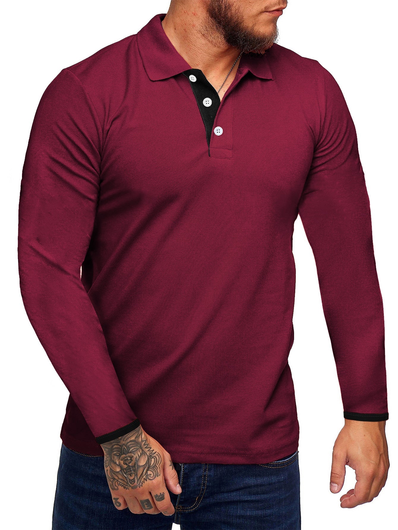 Men's Long-Sleeve Polo Shirt Modern Contrast Buttons