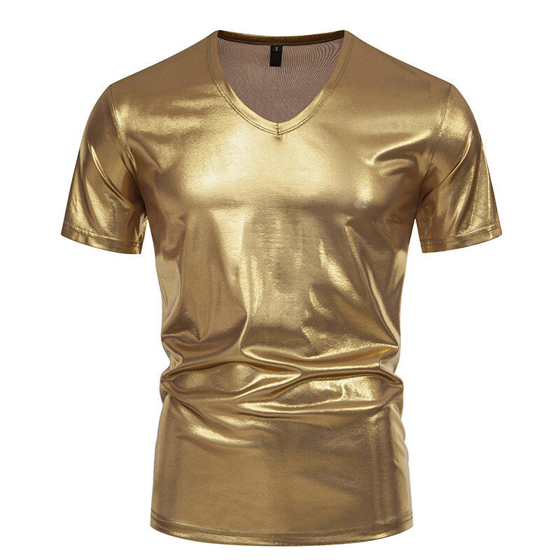 Men's T-Shirt V-Neck Shiny Fabric Modern Style