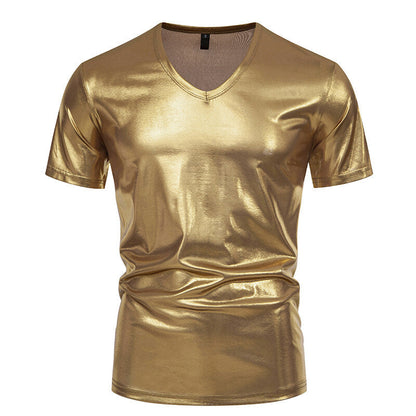 Men's T-Shirt V-Neck Shiny Fabric Modern Style