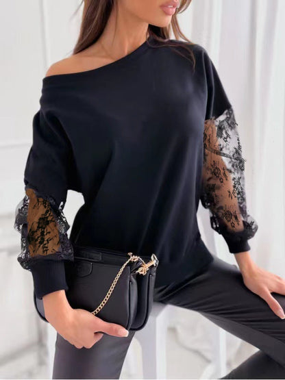 Elegant Women's Sweater Lace Sleeves Asymmetrical