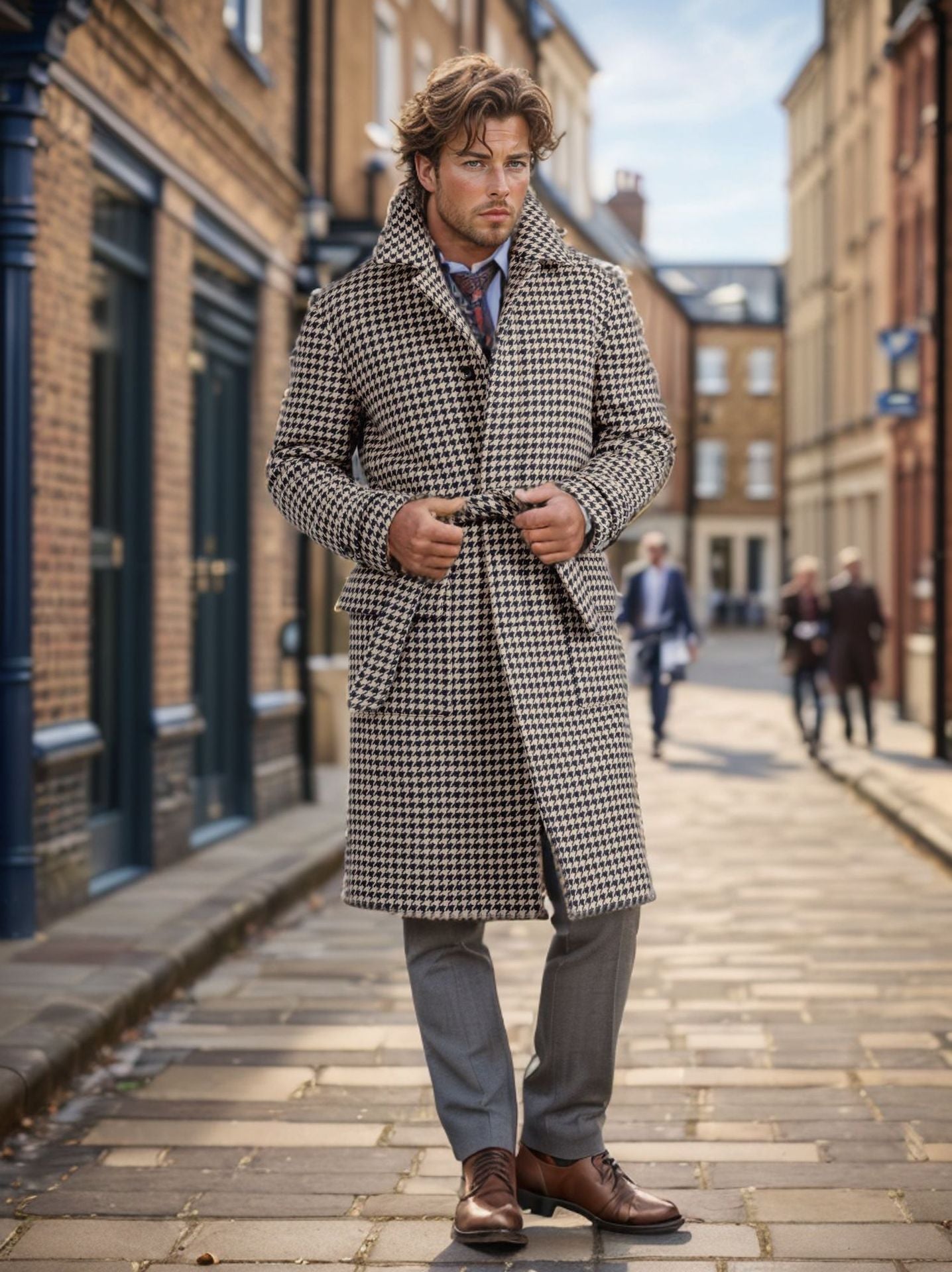 Men's Long Houndstooth Coat Elegant Black Coat