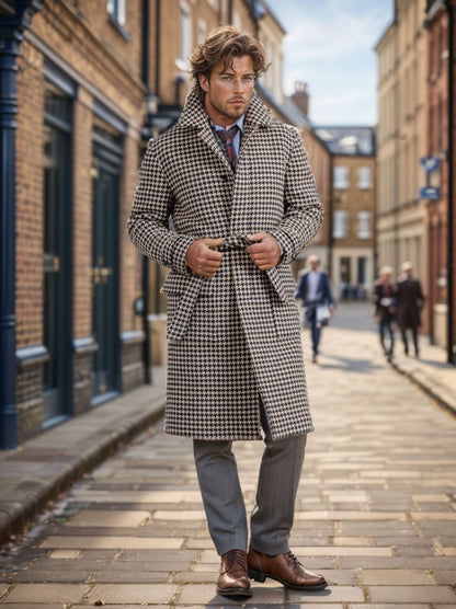 Men's Long Houndstooth Coat Elegant Black Coat