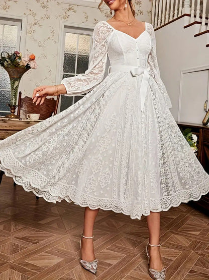 Women's Elegant Lace Puff Sleeve Waist Dress