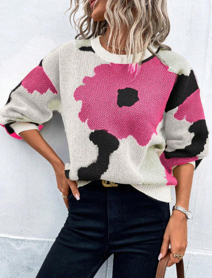Patterned Knitted Sweater Loose Fit Round Neck