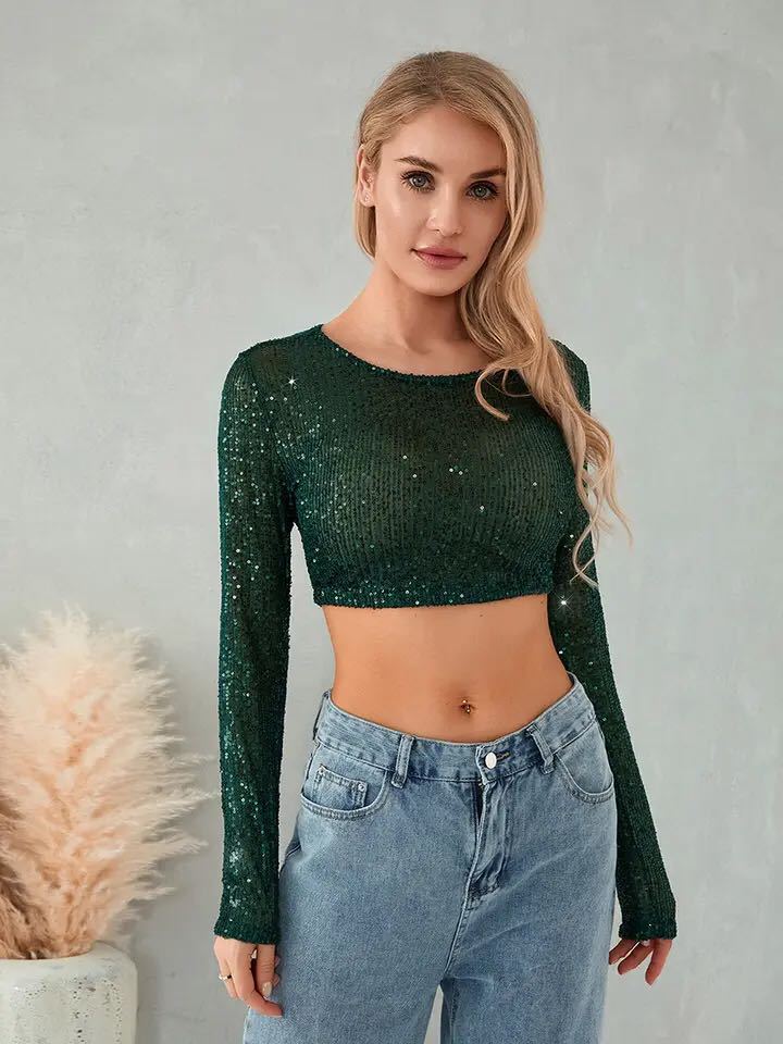 Women's Glitter Long Sleeve Top with Sequins Elegant Evening Dress