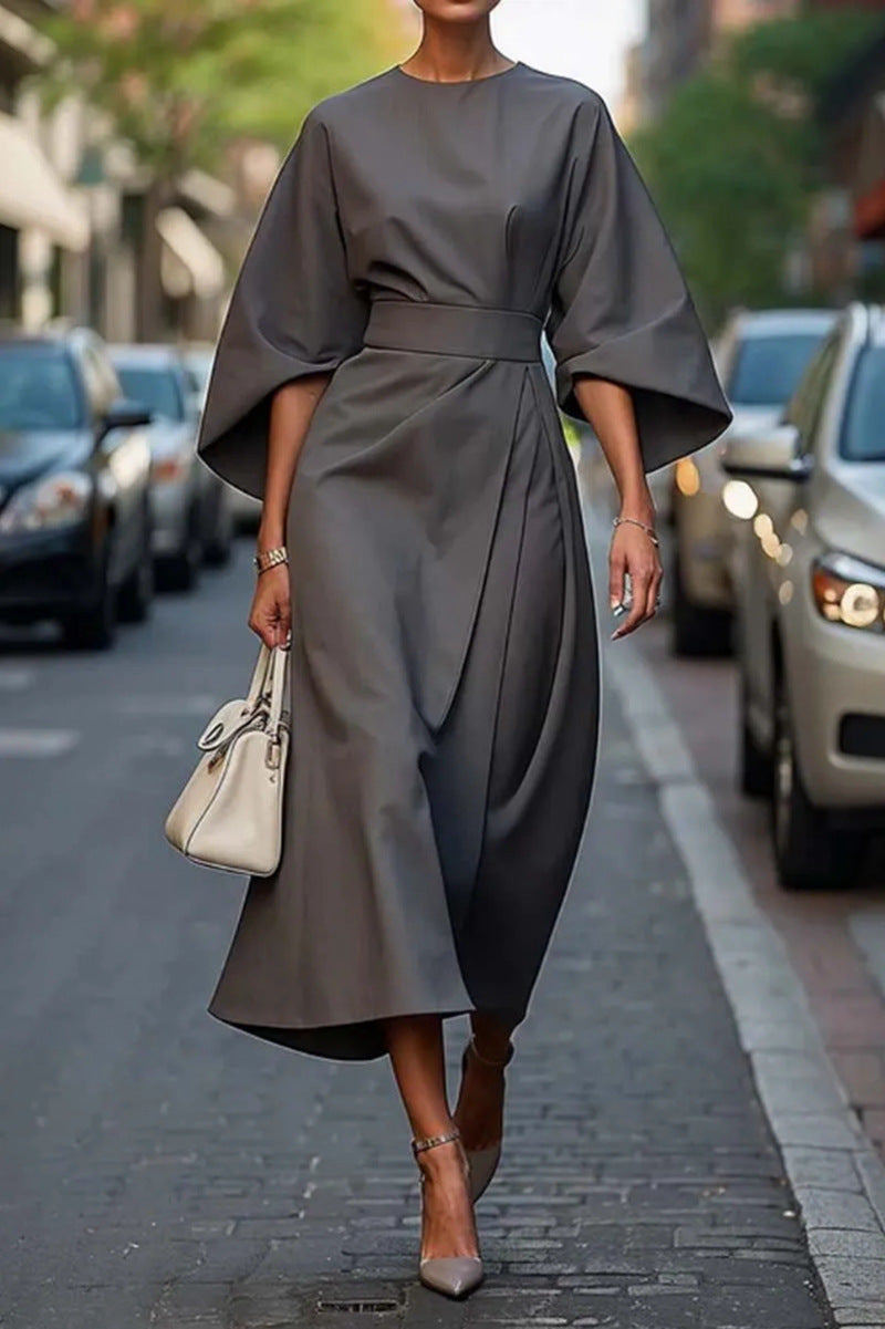 Women's Elegant Lace-Up Maxi Dress with Puff Sleeves
