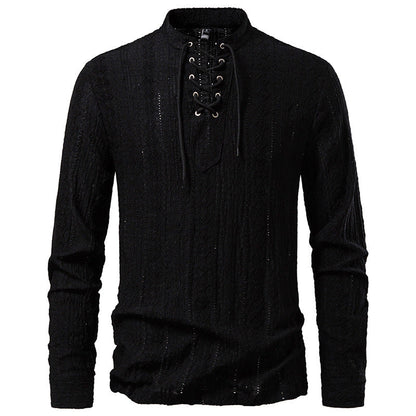 Men's Long-Sleeve Shirt with Lace-Up Detail, Modern Style