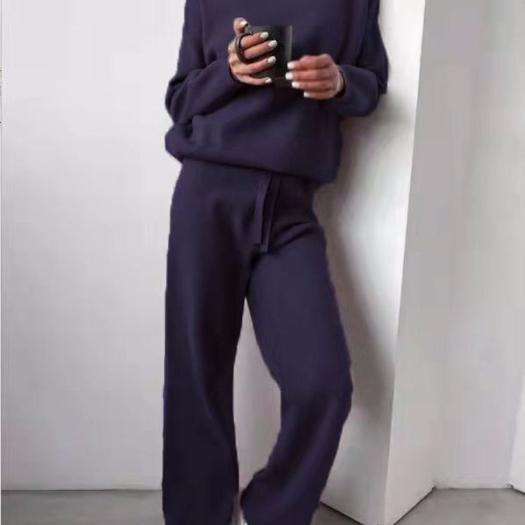 Women's Knitted Lounge Set Wide Leg Trousers Elegant Round Neck