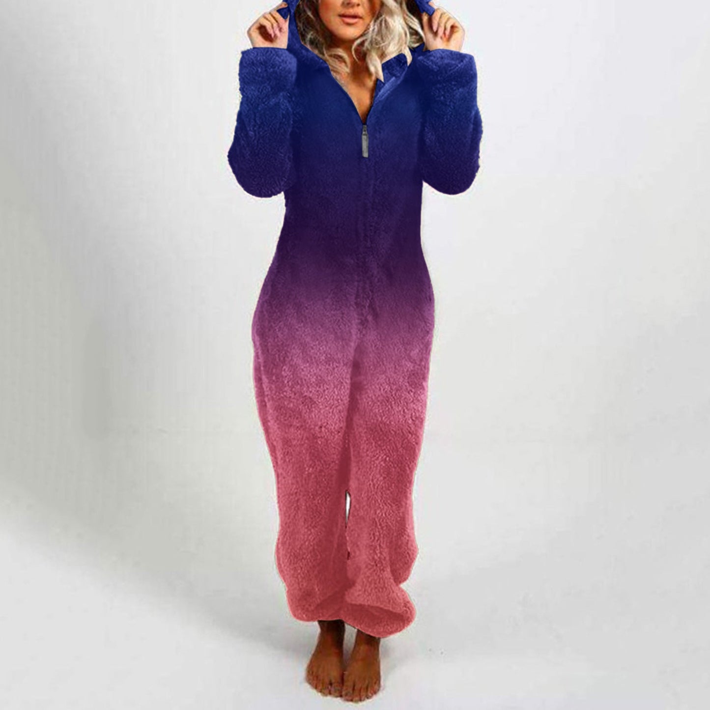 Women's Gradient Fleece Jumpsuit with Hood Trendy