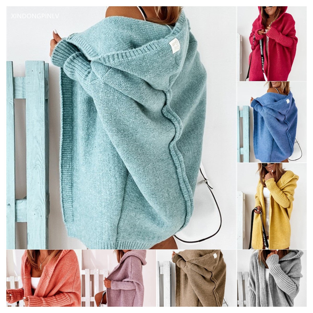 Damen Strickcardigan Kapuze Weite Ärmel Bequem - IdealeKleiden