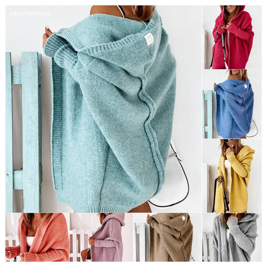 Damen Strickcardigan Kapuze Weite Ärmel Bequem - IdealeKleiden