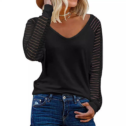 Women's Top Long Sleeve V-Neck Striped Sleeves Trendy