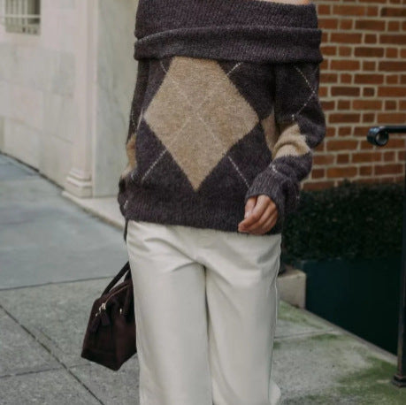 Damen Pullover Weich Rautenmuster Elegant - IdealeKleiden