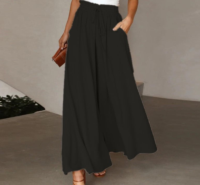 Women's Elegant Wide-Leg Trousers with Elastic Waistband and Pockets