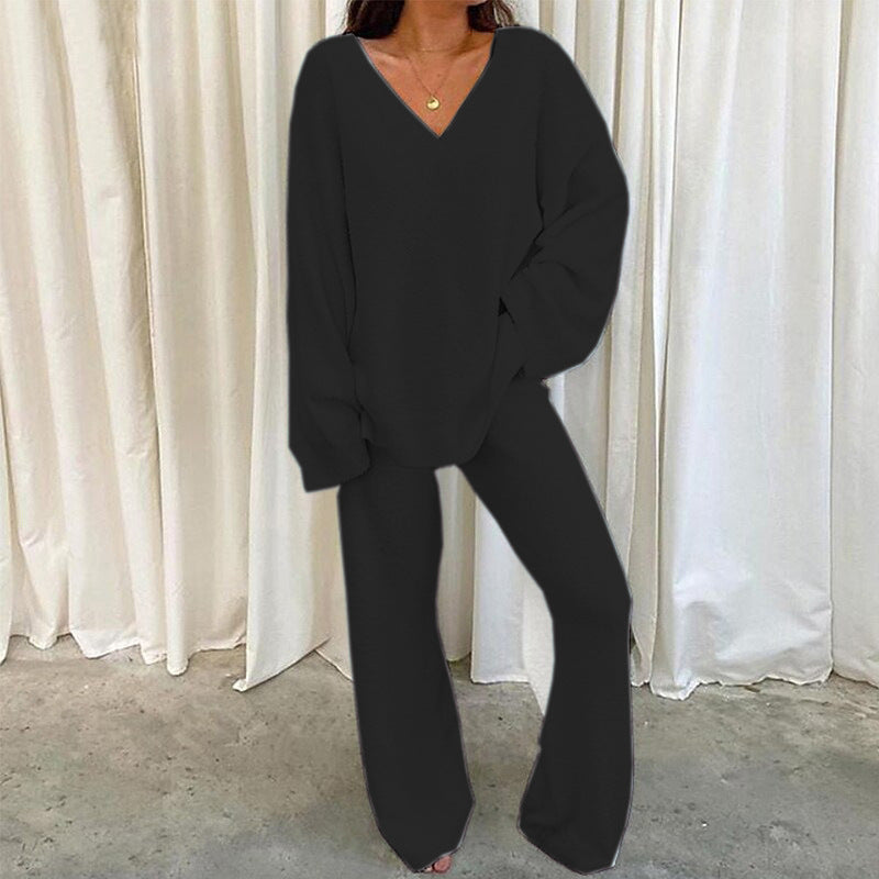 Women's Knitted Suit V-Neck Comfortable Wide Leg