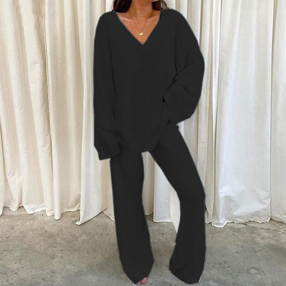 Women's Knitted Suit V-Neck Comfortable Wide Leg
