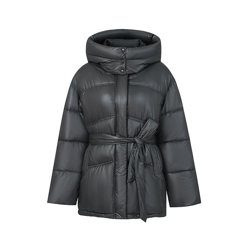Women's Elegant Quilted Winter Coat with Belt and Hood