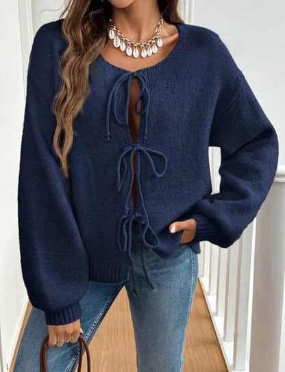 Damen Strickpullover Weich Großzügig Schnürdetail