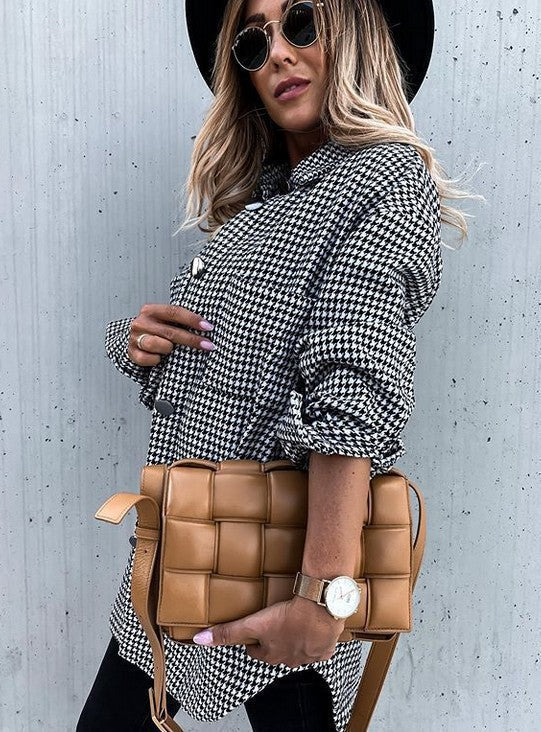 Oversized Wool Coat Plaid Pattern Button Closure