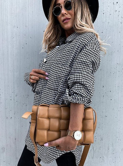 Oversized Wool Coat Plaid Pattern Button Closure