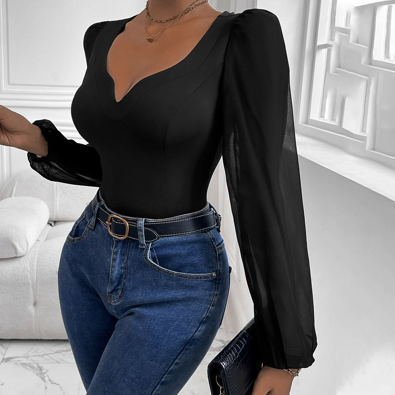 Women's Romantic Puff Sleeve V-Neck Bodysuit